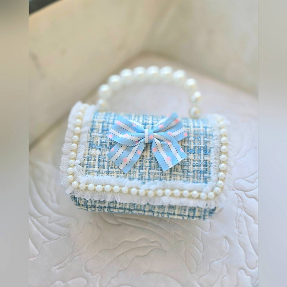 Elegant Blue Tweed Handbag with Pearl Accents